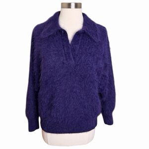 VTG Connie A Lee Angora Fuzzy Sweater Womens S/M Purple Collared Whimsical Retro